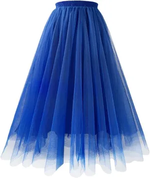 Women Mesh Gauze Pleated A-Line Skirt Blue High Waist Party Prom Casual Midi Tulle Skirts