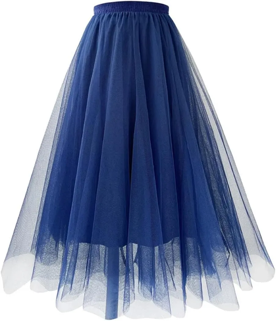 Women Mesh Gauze Pleated A-Line Skirt Blue High Waist Party Prom Casual Midi Tulle Skirts