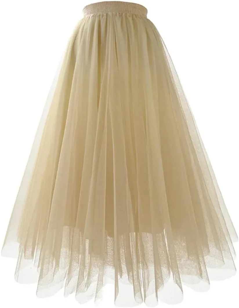 Women Mesh Gauze Pleated A-Line Skirt Blue High Waist Party Prom Casual Midi Tulle Skirts