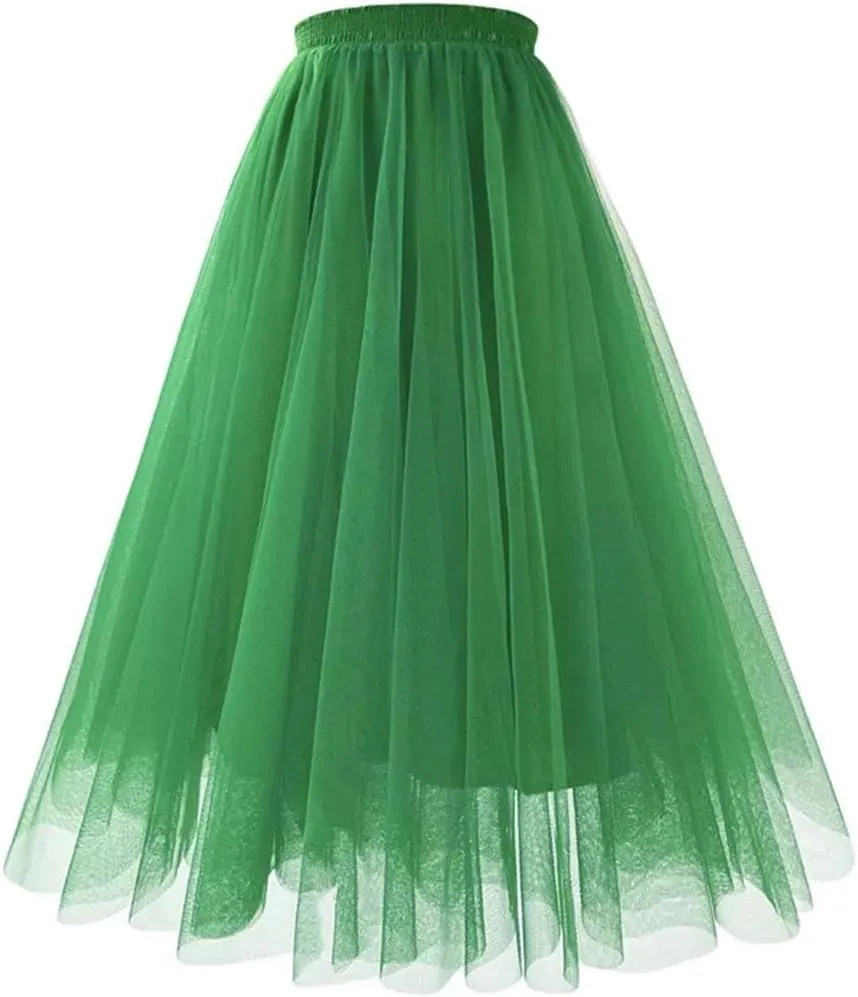 Women Mesh Gauze Pleated A-Line Skirt Blue High Waist Party Prom Casual Midi Tulle Skirts