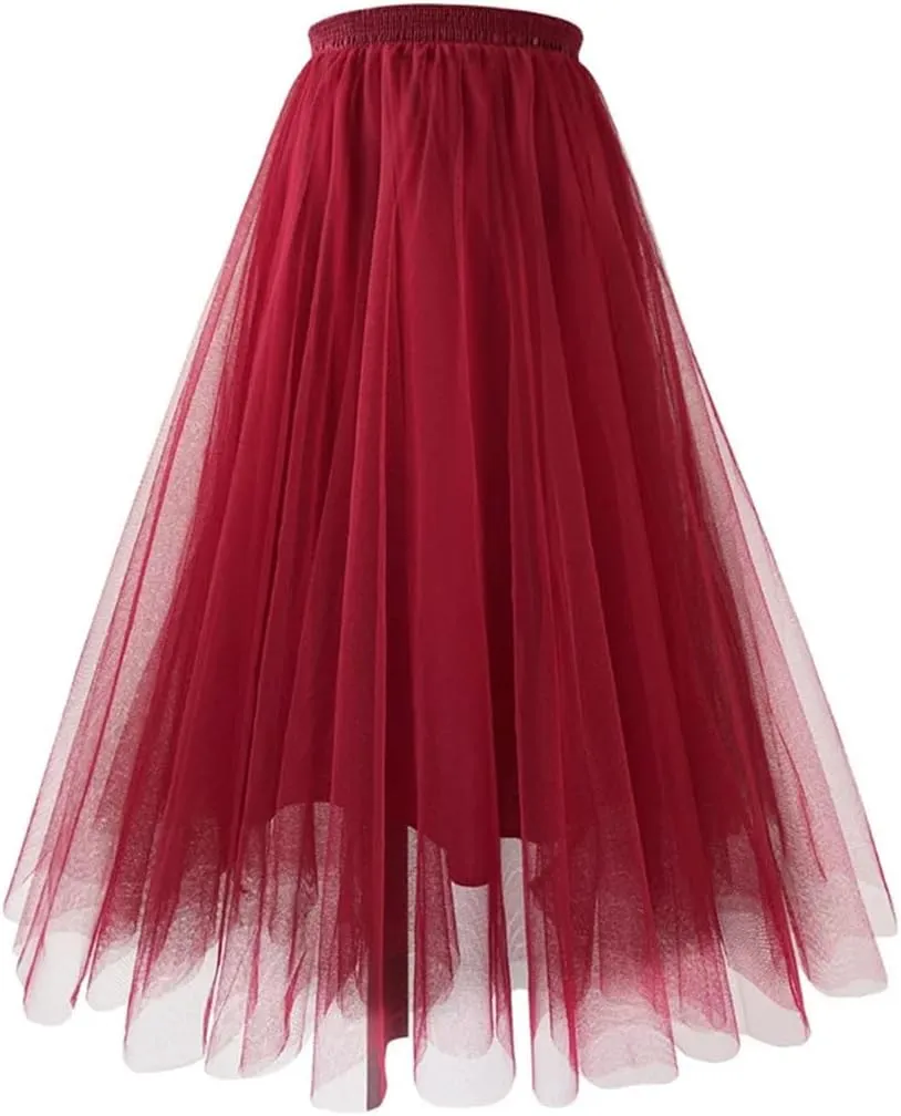 Women Mesh Gauze Pleated A-Line Skirt Blue High Waist Party Prom Casual Midi Tulle Skirts