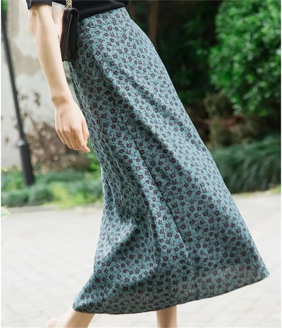 Women Midi Skirt Vintage Chiffon Printing Pleated Skirt Elastic High Waist A-Line Skirt