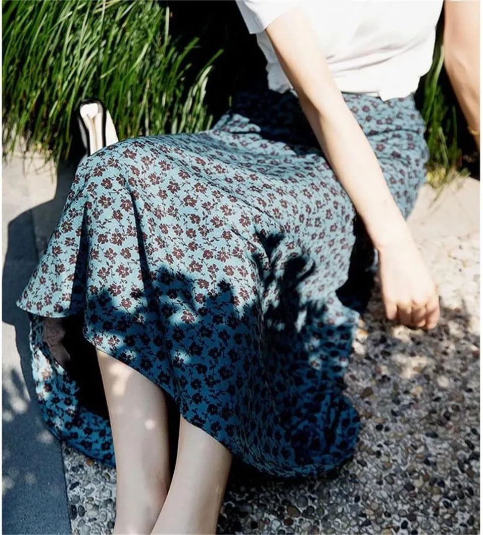 Women Midi Skirt Vintage Chiffon Printing Pleated Skirt Elastic High Waist A-Line Skirt
