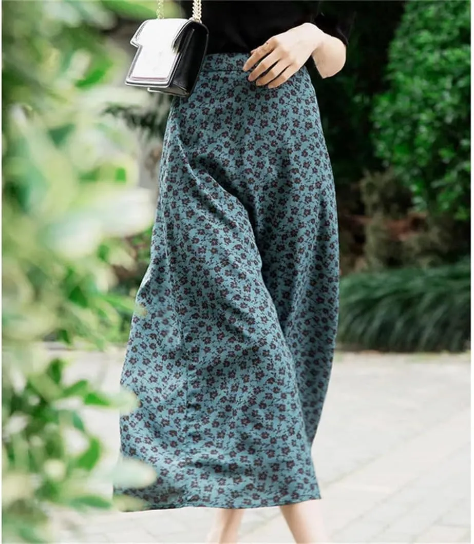 Women Midi Skirt Vintage Chiffon Printing Pleated Skirt Elastic High Waist A-Line Skirt
