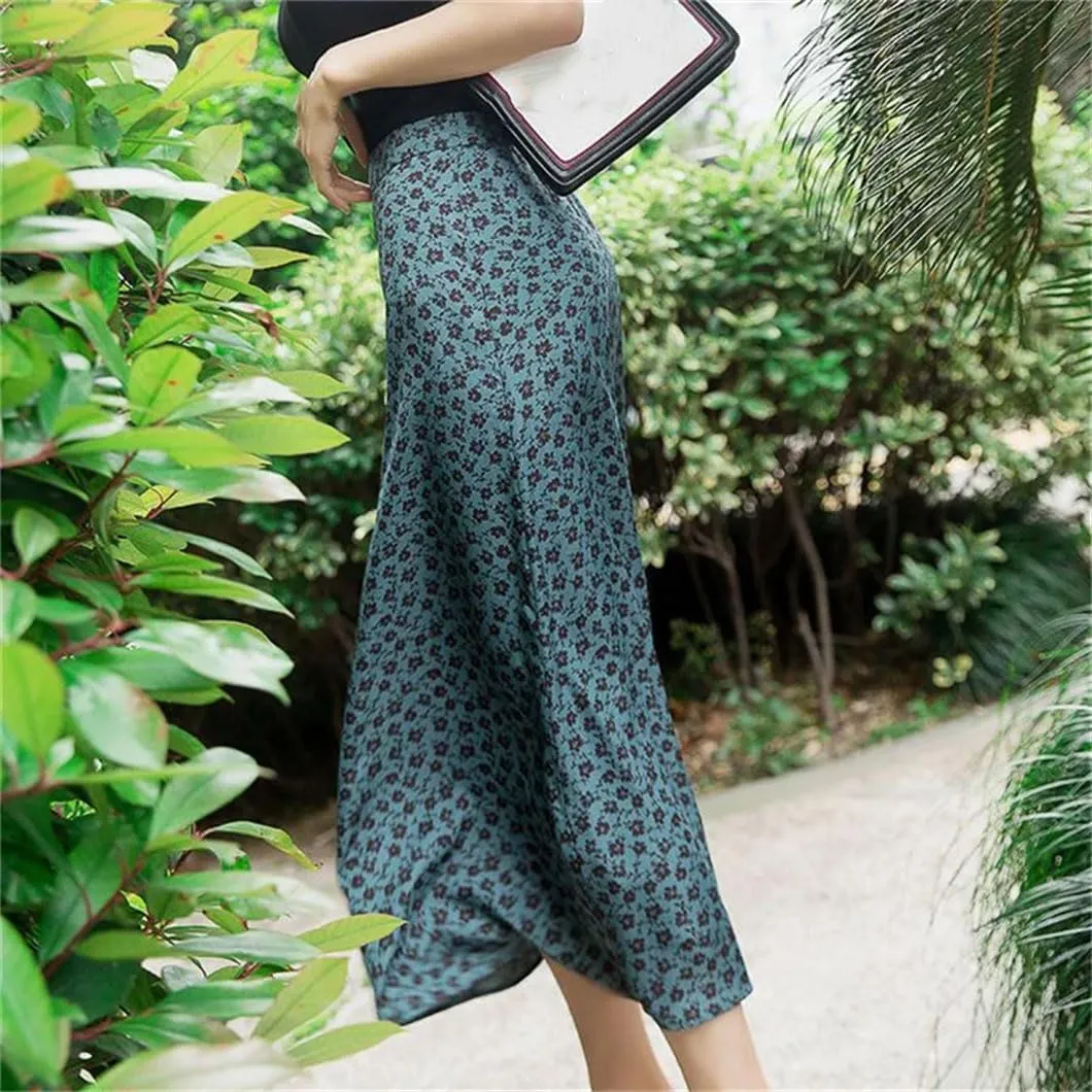 Women Midi Skirt Vintage Chiffon Printing Pleated Skirt Elastic High Waist A-Line Skirt