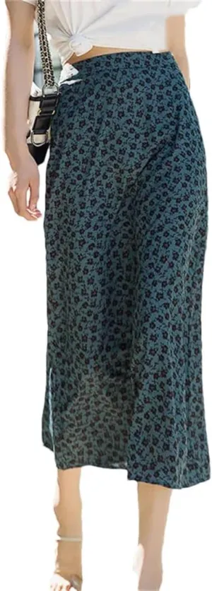 Women Midi Skirt Vintage Chiffon Printing Pleated Skirt Elastic High Waist A-Line Skirt