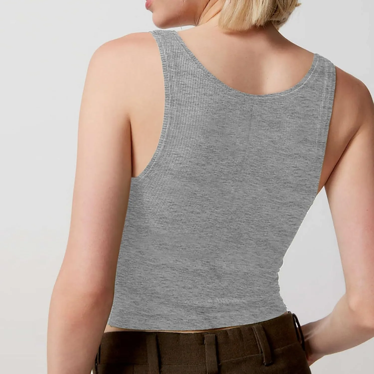 Women Ribbed Tank Top Pleated Square Neck Sleeveless Basic Fitted Crop Tops Y2K Henley Vest Petite