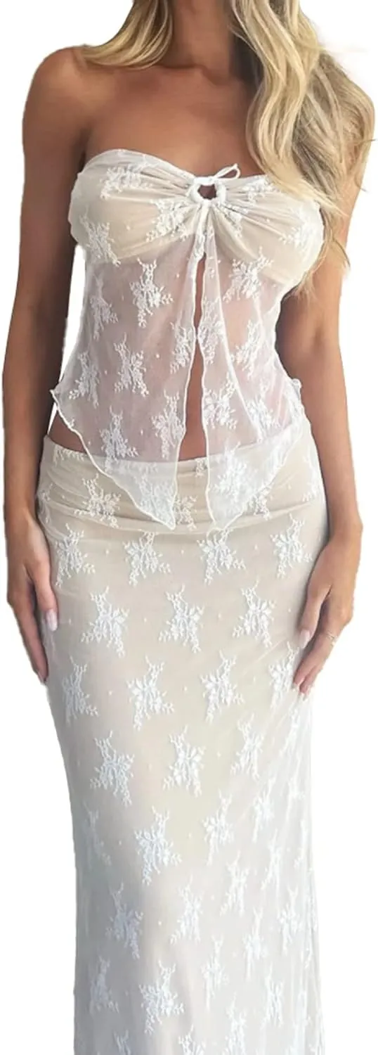 Women Sexy Two Piece Maxi Skirt Set Y2k Front Split Hem Strapless Lace Tube Top and Low Rise Long Skirt Set Clubwear