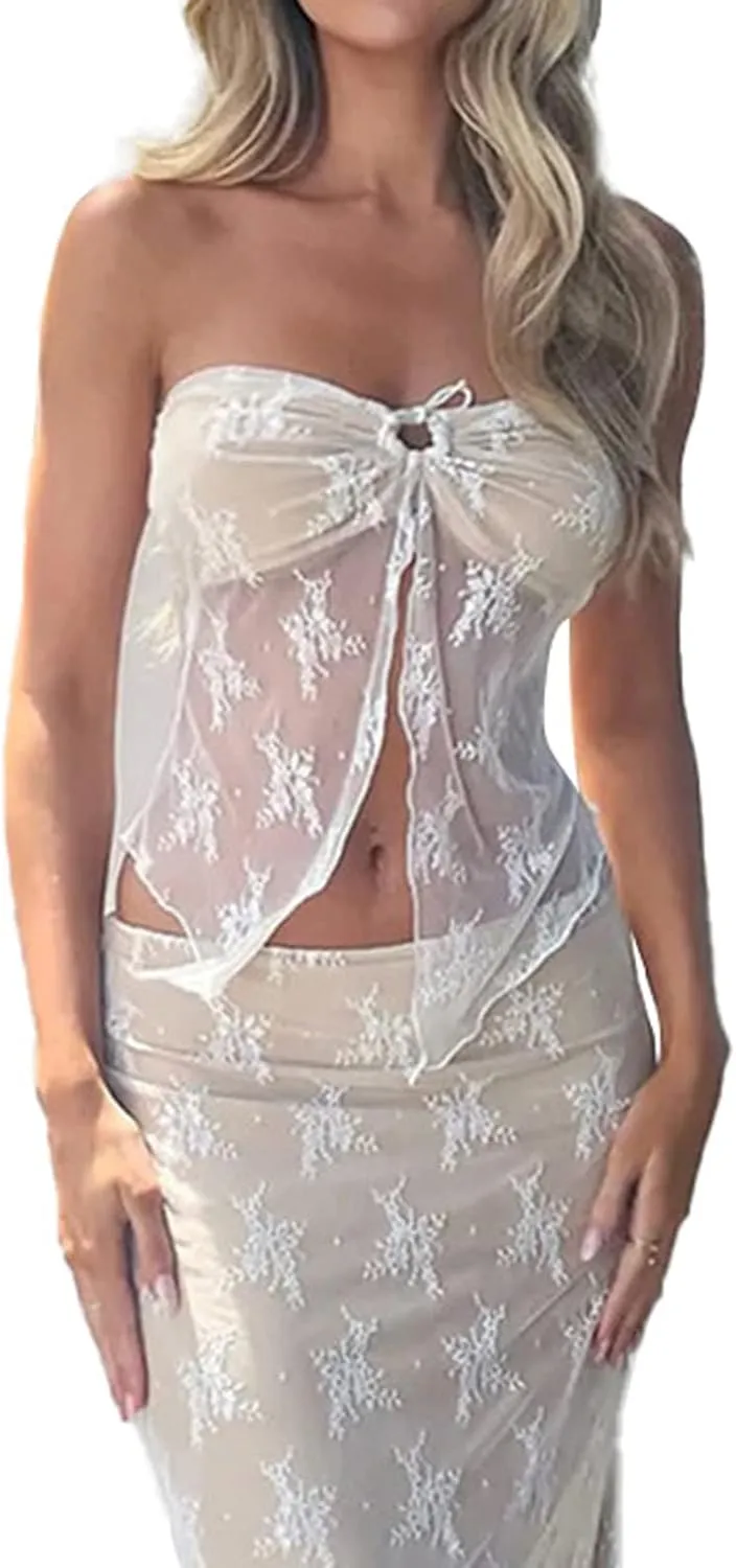 Women Sexy Two Piece Maxi Skirt Set Y2k Front Split Hem Strapless Lace Tube Top and Low Rise Long Skirt Set Clubwear