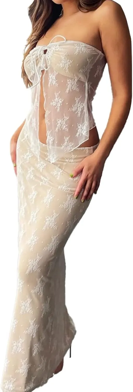 Women Sexy Two Piece Maxi Skirt Set Y2k Front Split Hem Strapless Lace Tube Top and Low Rise Long Skirt Set Clubwear