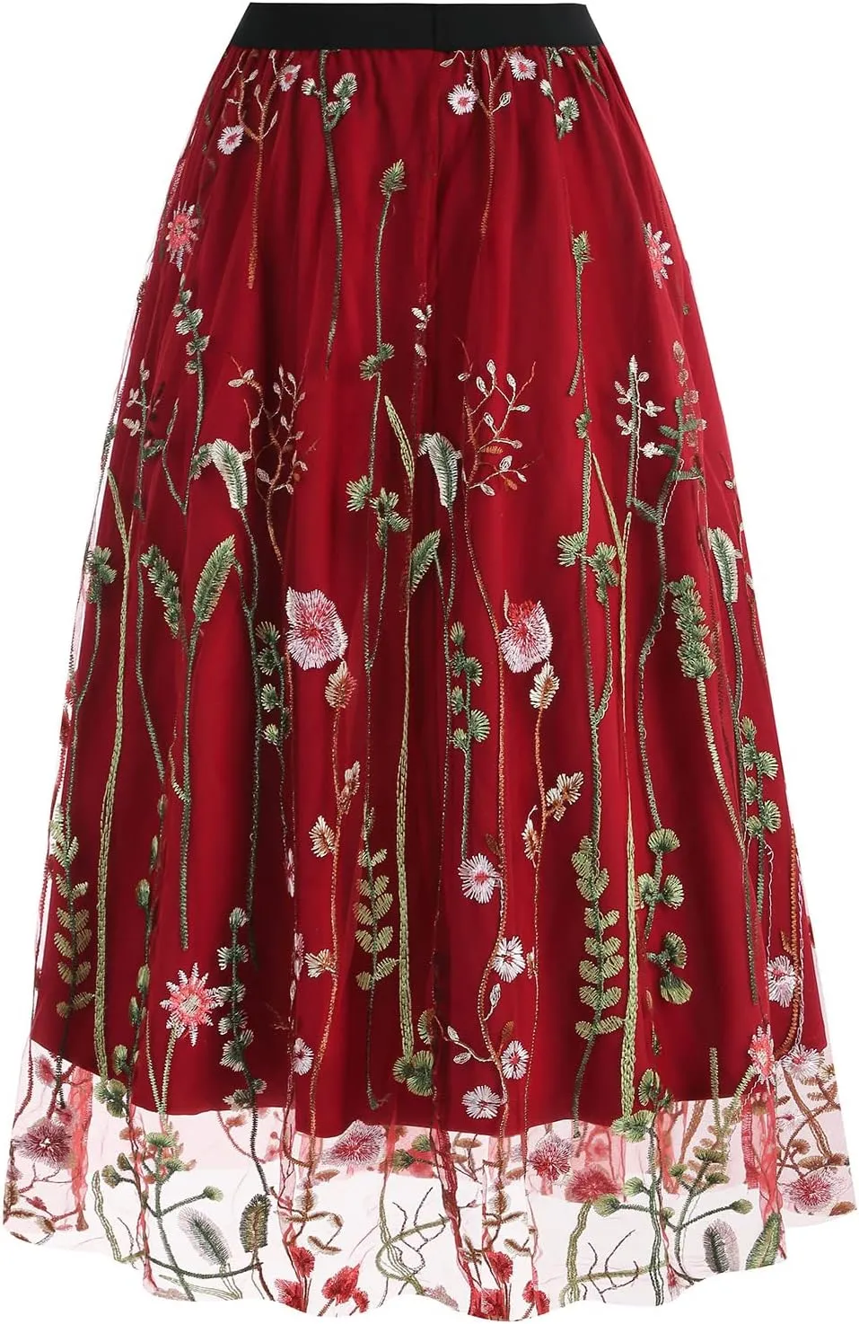Women Vintage Floral Embroidered Tulle Midi Skirt 50s Party Elastic High Waist A-line Swing Skirts