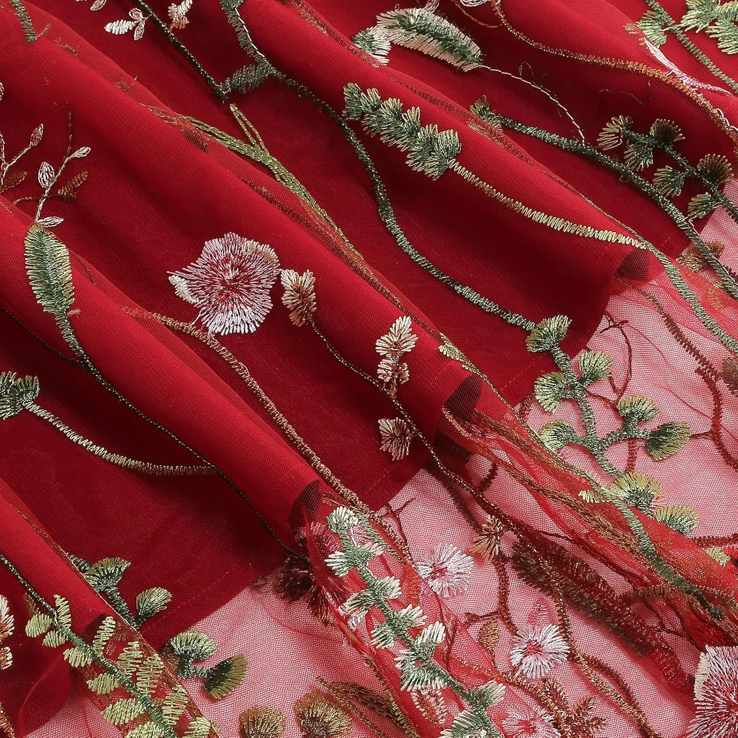 Women Vintage Floral Embroidered Tulle Midi Skirt 50s Party Elastic High Waist A-line Swing Skirts