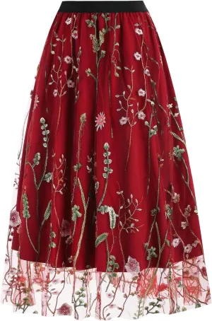 Women Vintage Floral Embroidered Tulle Midi Skirt 50s Party Elastic High Waist A-line Swing Skirts