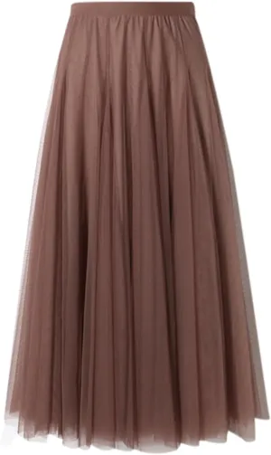 Women Vintage High Waist Pleated Skirt Midi A-Line Skirt Trendy Solid Color Below Knee Flowy Skirts Mesh Ballet Skirt