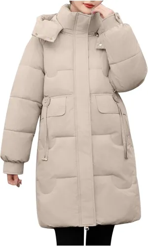 Women Winter Puffer Jacket Long Quilted Coat Padded Parkas Y2K Teen Girl Coat Cotton Hooded Long Sleeve with Pockets