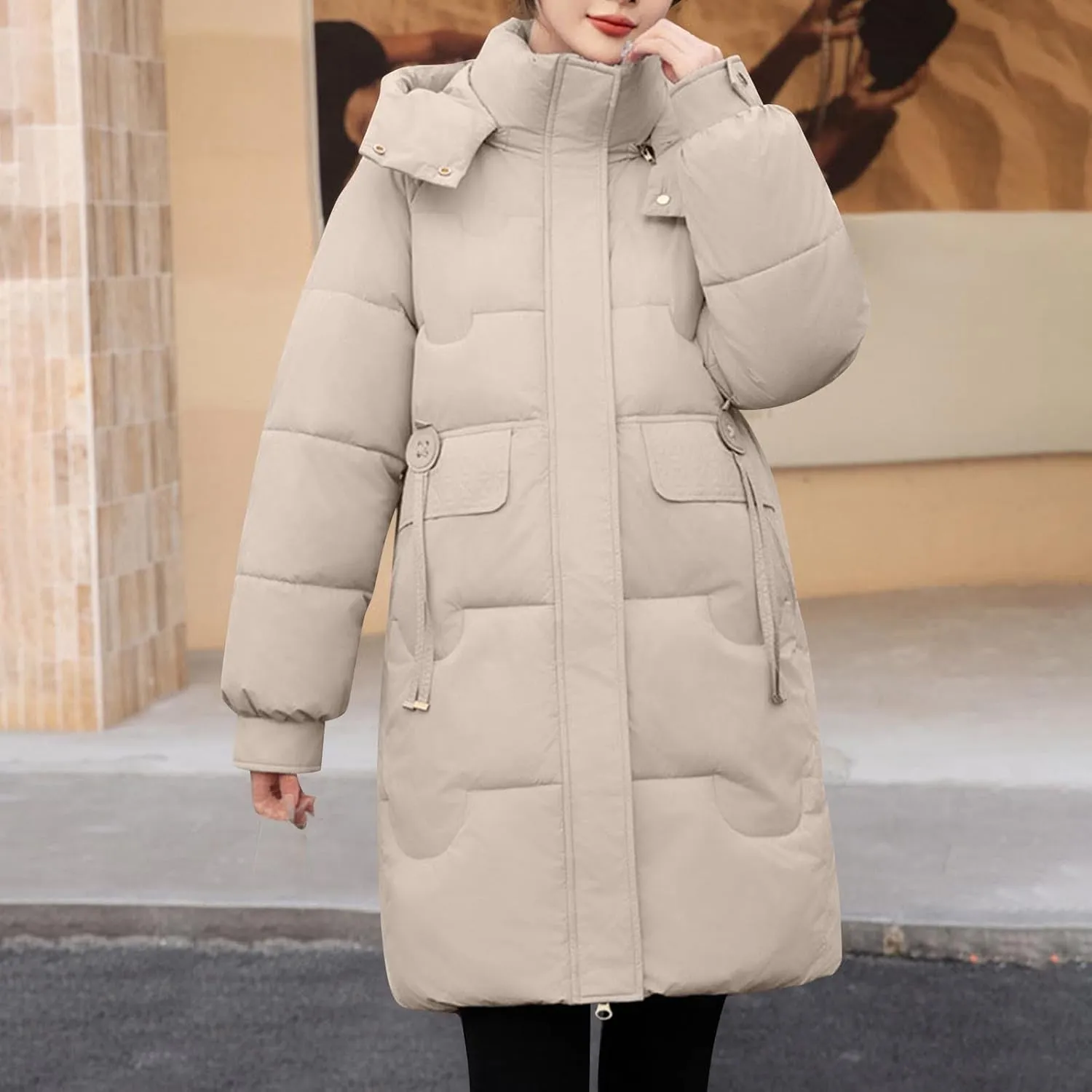 Women Winter Puffer Jacket Long Quilted Coat Padded Parkas Y2K Teen Girl Coat Cotton Hooded Long Sleeve with Pockets