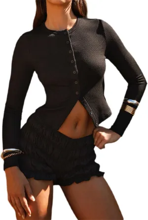 Women Y2K Button Down Knitted Tops Long Sleeve Slim Fit Ribbed Tee Tops Open Front Casual Cardigan