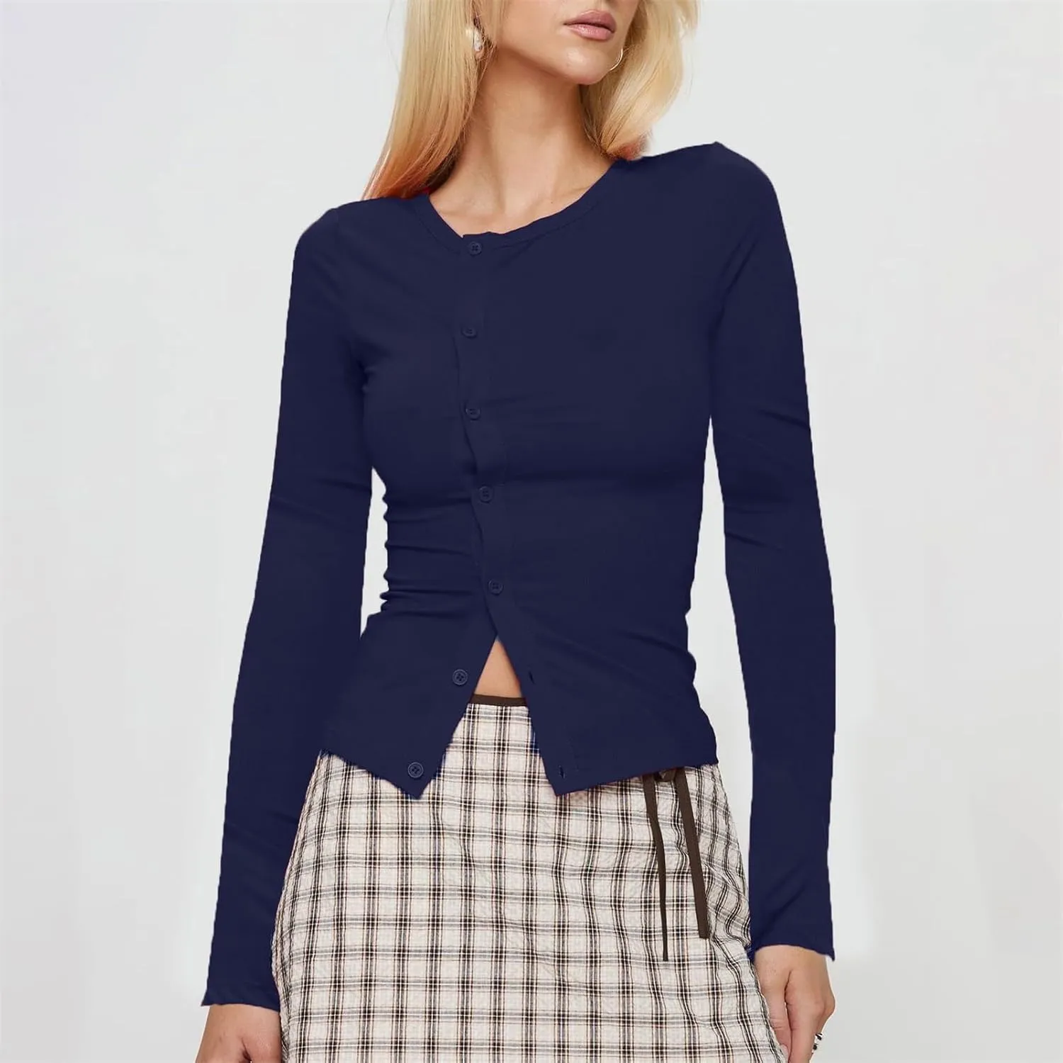 Women Y2K Button Down Knitted Tops Long Sleeve Slim Fit Ribbed Tee Tops Open Front Casual Cardigan