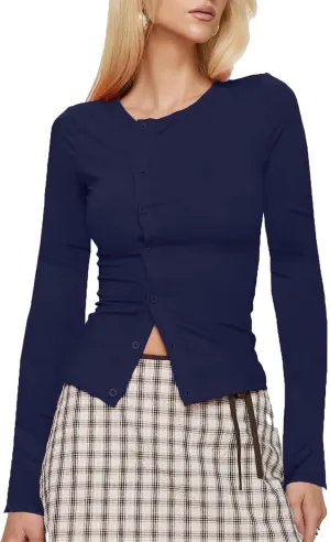 Women Y2K Button Down Knitted Tops Long Sleeve Slim Fit Ribbed Tee Tops Open Front Casual Cardigan