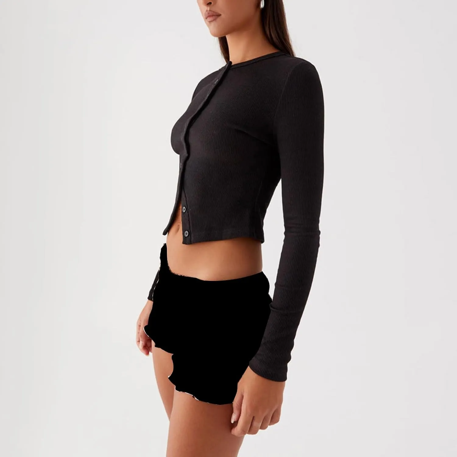 Women Y2K Button Down Knitted Tops Long Sleeve Slim Fit Ribbed Tee Tops Open Front Casual Cardigan