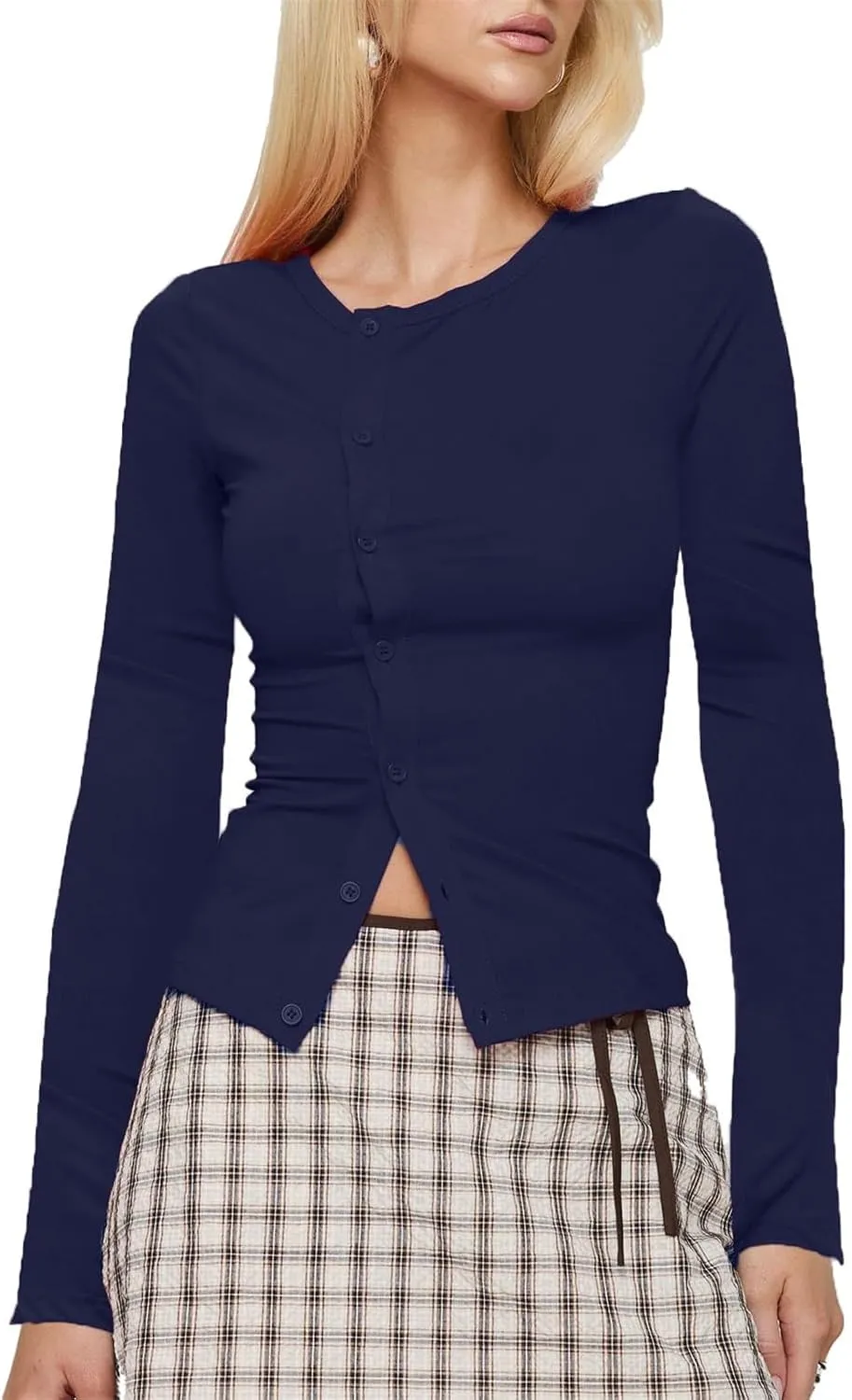 Women Y2K Button Down Knitted Tops Long Sleeve Slim Fit Ribbed Tee Tops Open Front Casual Cardigan