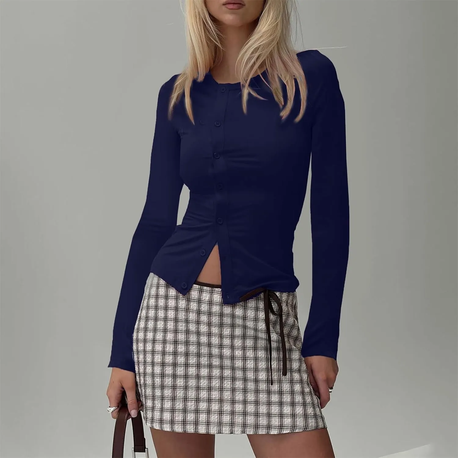 Women Y2K Button Down Knitted Tops Long Sleeve Slim Fit Ribbed Tee Tops Open Front Casual Cardigan