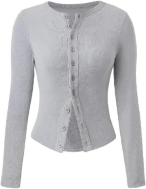 Women Y2K Button Down Knitted Tops Long Sleeve Slim Fit Ribbed Tee Tops Open Front Casual Cardigan