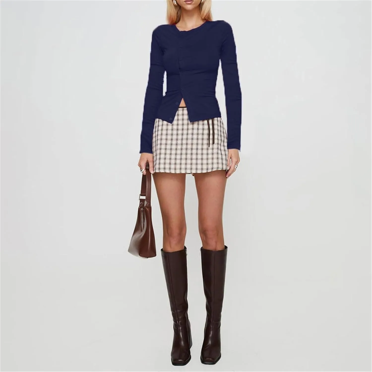 Women Y2K Button Down Knitted Tops Long Sleeve Slim Fit Ribbed Tee Tops Open Front Casual Cardigan