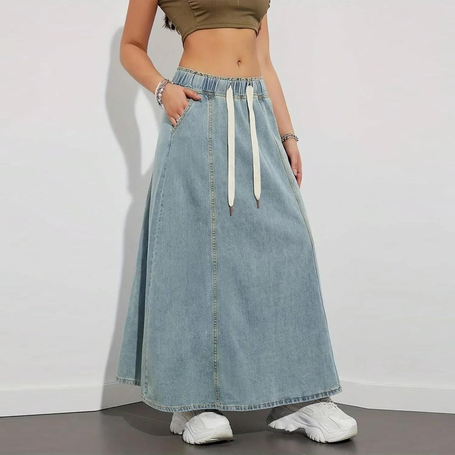 Women Y2K Casual Denim Long Skirts Drawstring Elastic High Waisted A Line Midi Flowy Jean Skirt with Pockets