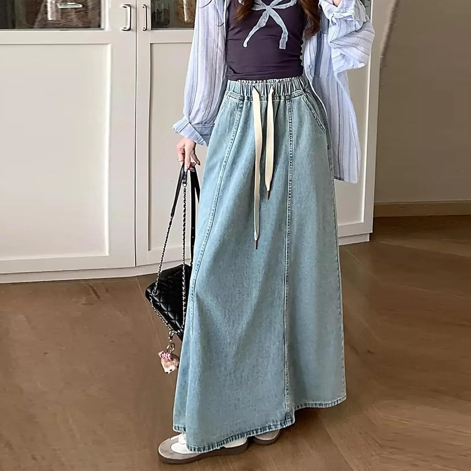 Women Y2K Casual Denim Long Skirts Drawstring Elastic High Waisted A Line Midi Flowy Jean Skirt with Pockets