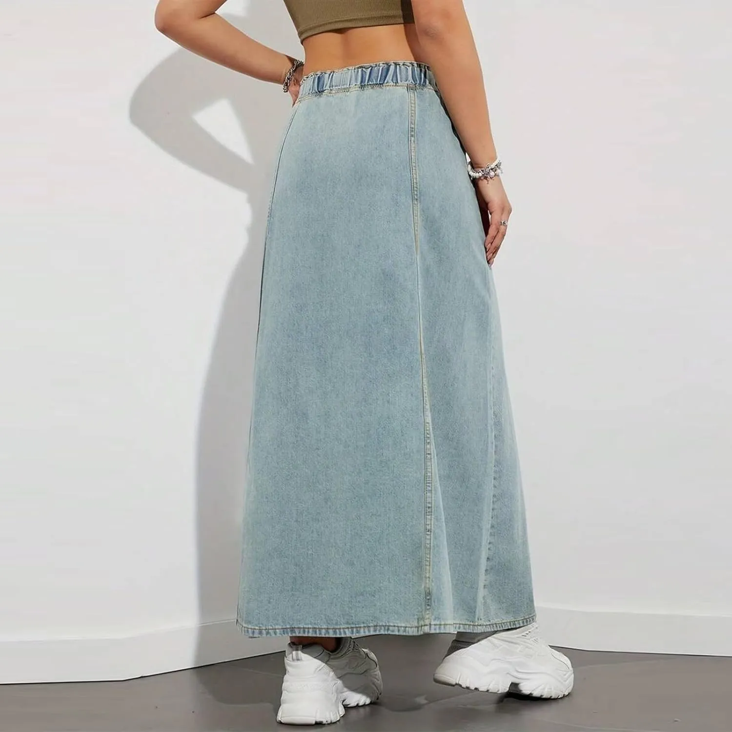 Women Y2K Casual Denim Long Skirts Drawstring Elastic High Waisted A Line Midi Flowy Jean Skirt with Pockets