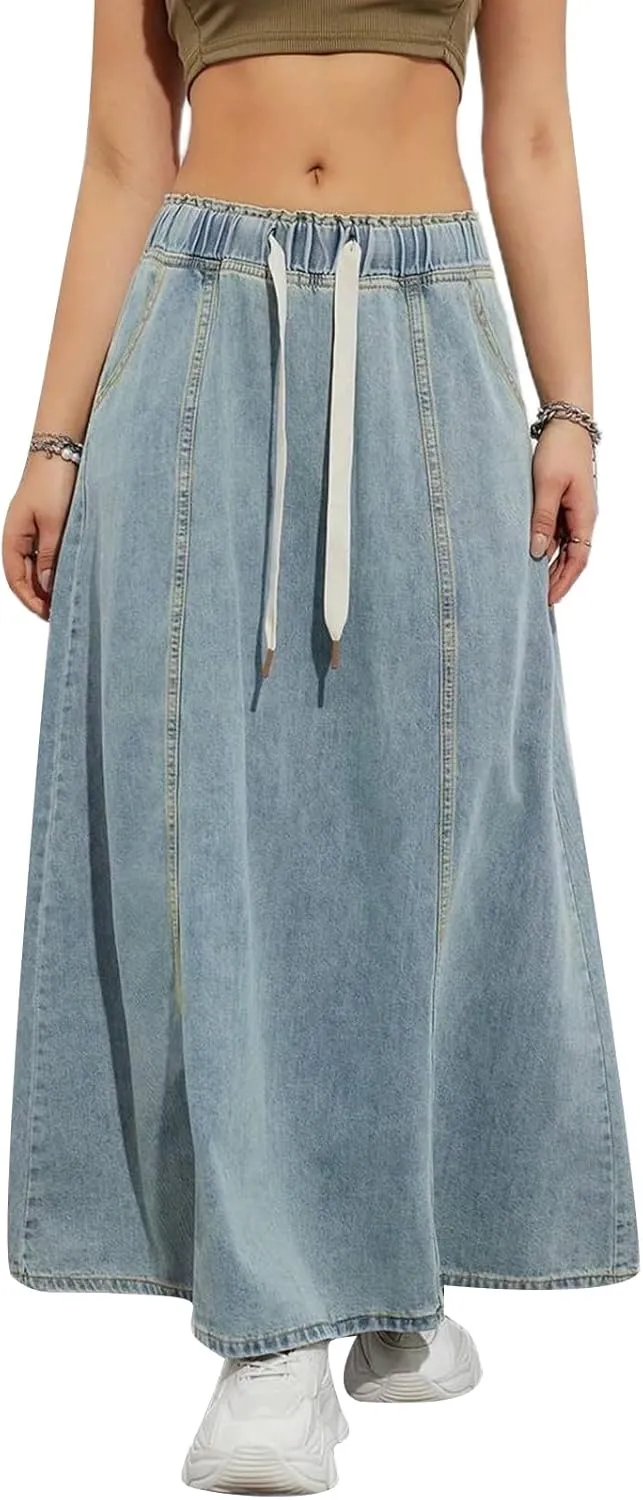 Women Y2K Casual Denim Long Skirts Drawstring Elastic High Waisted A Line Midi Flowy Jean Skirt with Pockets