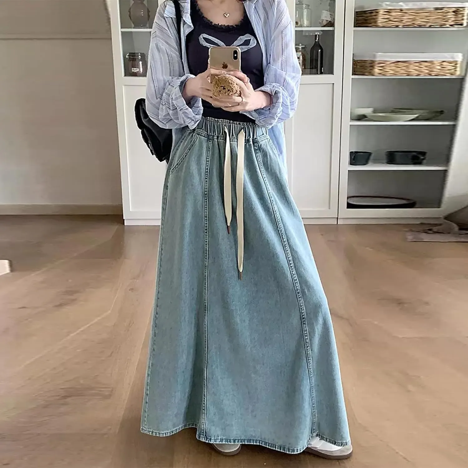 Women Y2K Casual Denim Long Skirts Drawstring Elastic High Waisted A Line Midi Flowy Jean Skirt with Pockets