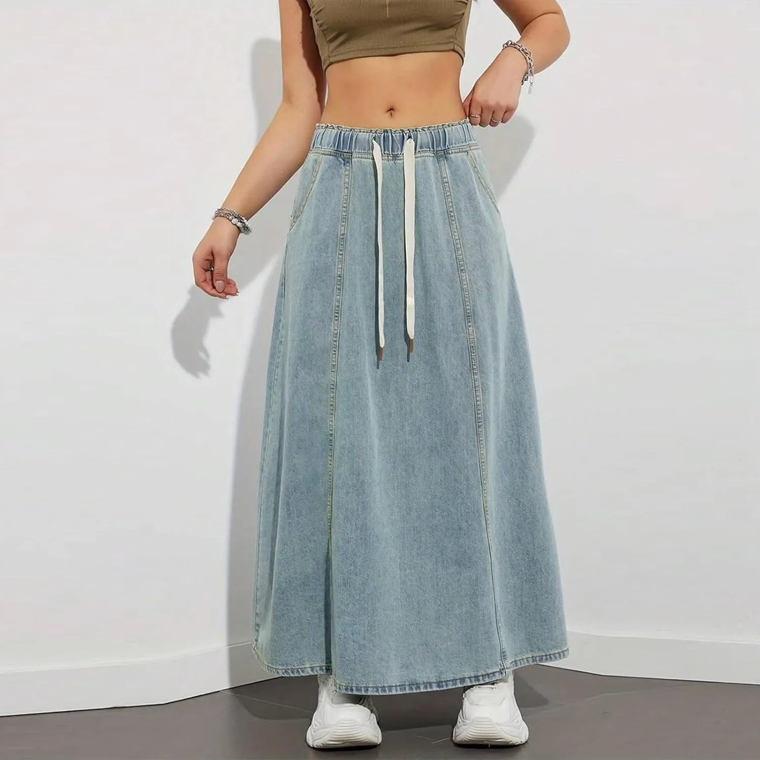 Women Y2K Casual Denim Long Skirts Drawstring Elastic High Waisted A Line Midi Flowy Jean Skirt with Pockets