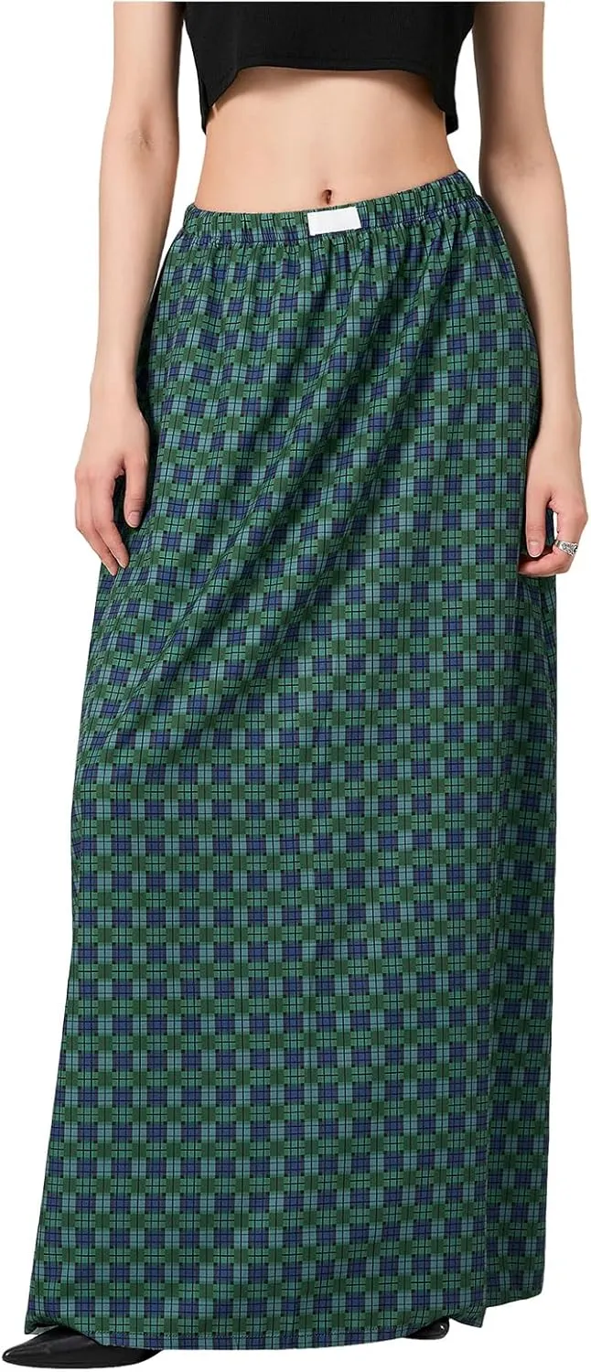 Women Y2K Plaid Maxi Skirt High Waist Gingham Tiered Long Skirt Vintage A-Line Ruffle Flowy Midi Skirt