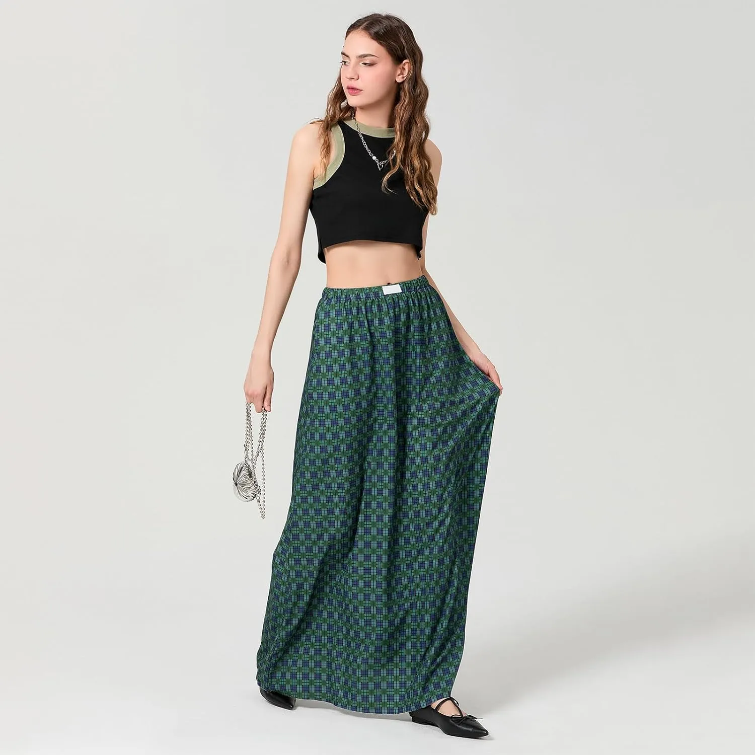 Women Y2K Plaid Maxi Skirt High Waist Gingham Tiered Long Skirt Vintage A-Line Ruffle Flowy Midi Skirt