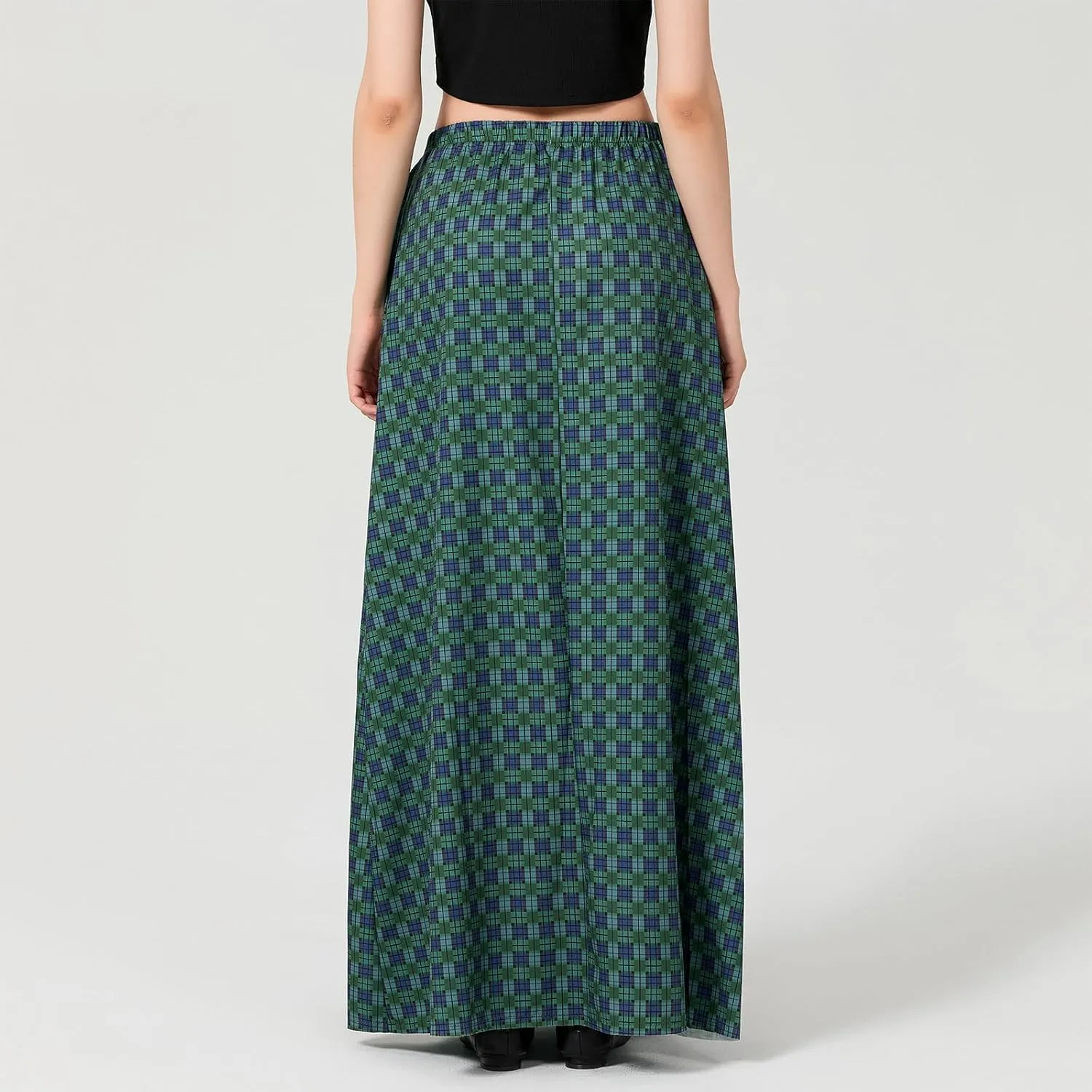 Women Y2K Plaid Maxi Skirt High Waist Gingham Tiered Long Skirt Vintage A-Line Ruffle Flowy Midi Skirt