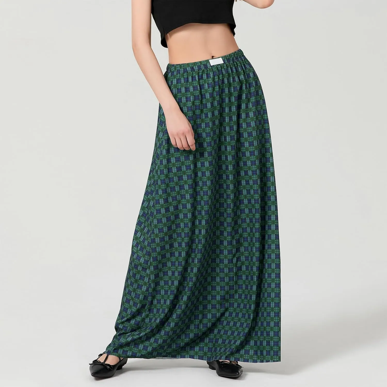 Women Y2K Plaid Maxi Skirt High Waist Gingham Tiered Long Skirt Vintage A-Line Ruffle Flowy Midi Skirt