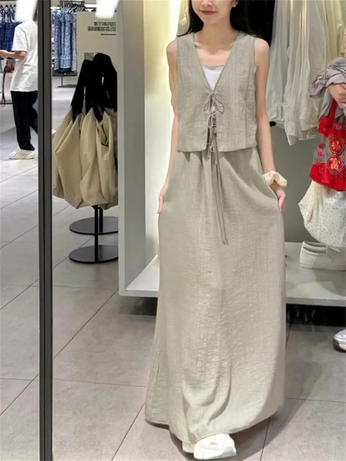 Womens 2 Piece Vest Set Sleeveless Deep V Neck Tie Front Crop Vest High Waist Long Skirt Set with Pockets