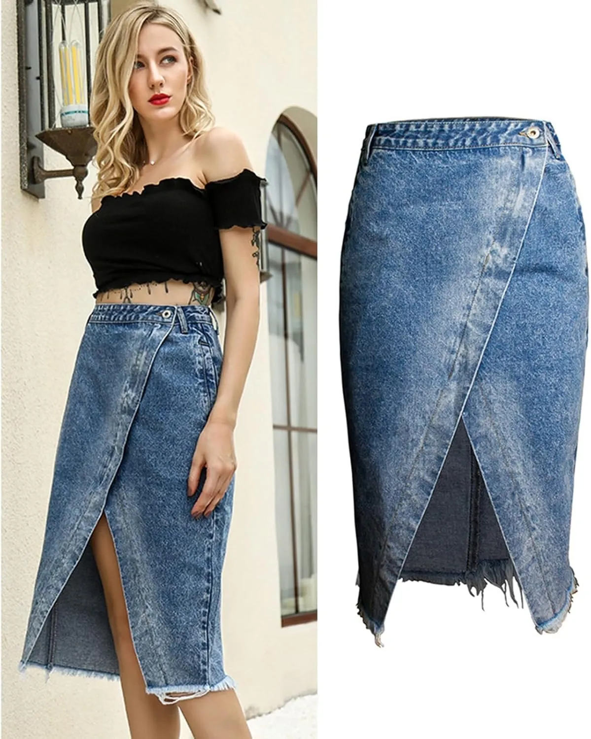Women's Bodycon Denim Skirts Front Split Frayed Washed Midi Pencil Skirts Irregular Hem Ripped Hole Jeans Skirts