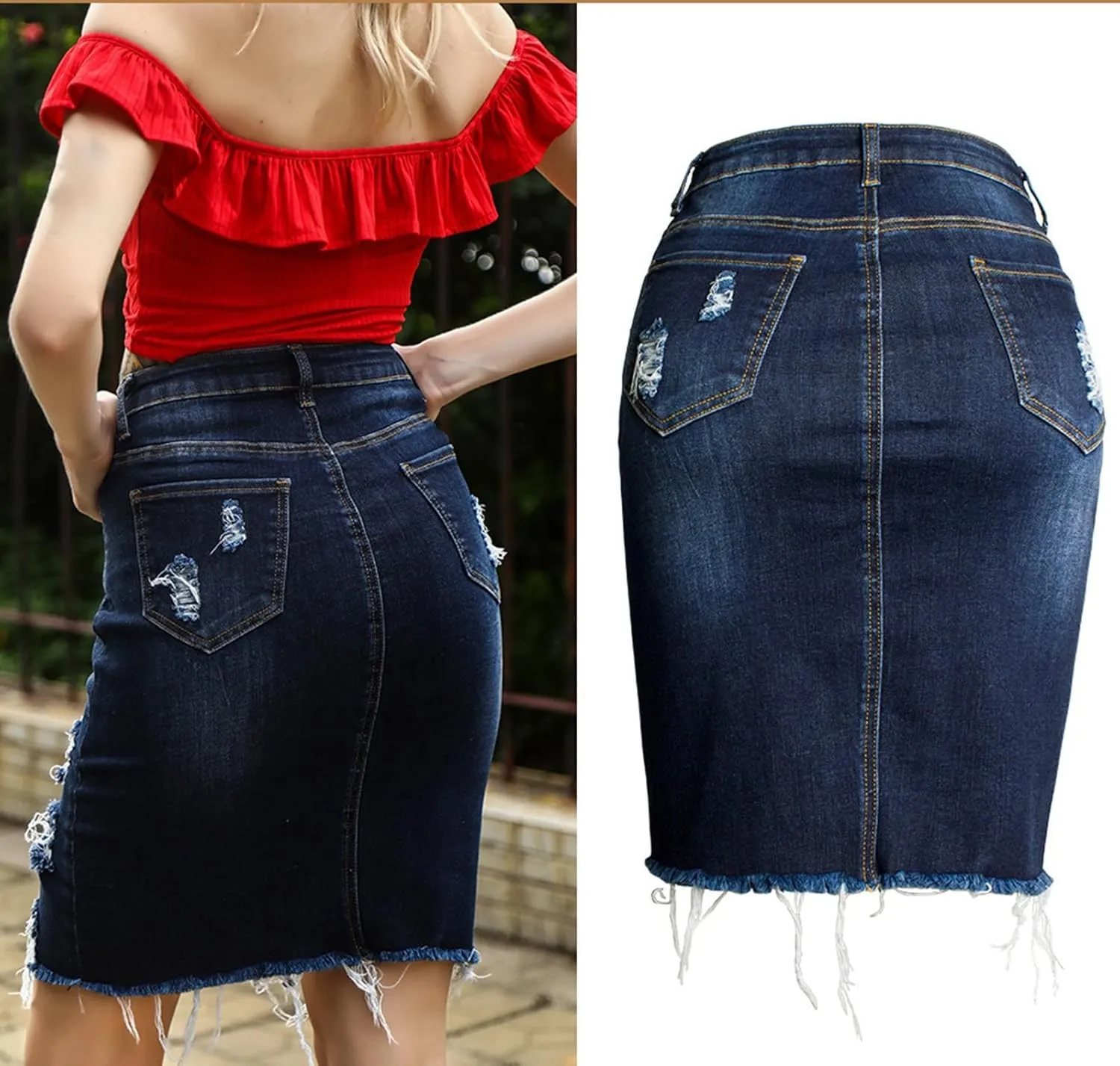 Women's Bodycon Denim Skirts Front Split Frayed Washed Midi Pencil Skirts Irregular Hem Ripped Hole Jeans Skirts
