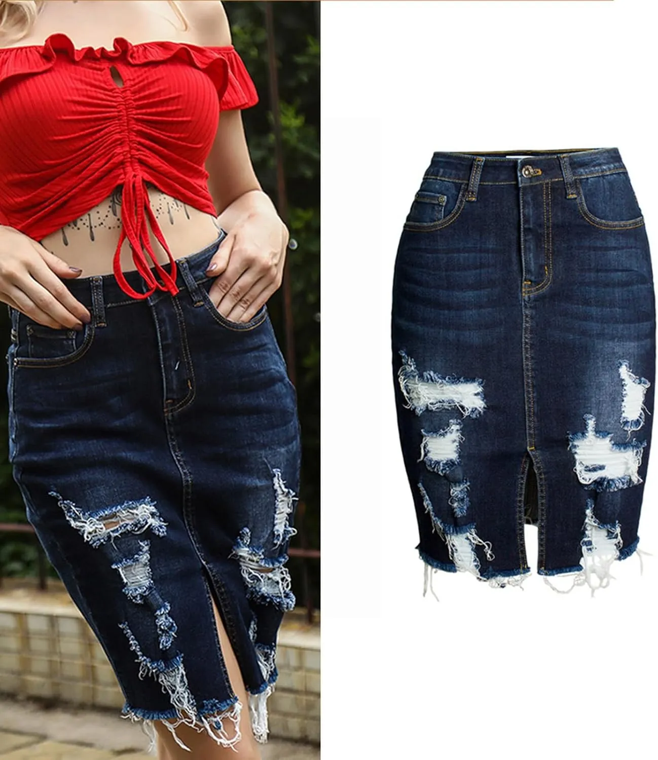 Women's Bodycon Denim Skirts Front Split Frayed Washed Midi Pencil Skirts Irregular Hem Ripped Hole Jeans Skirts