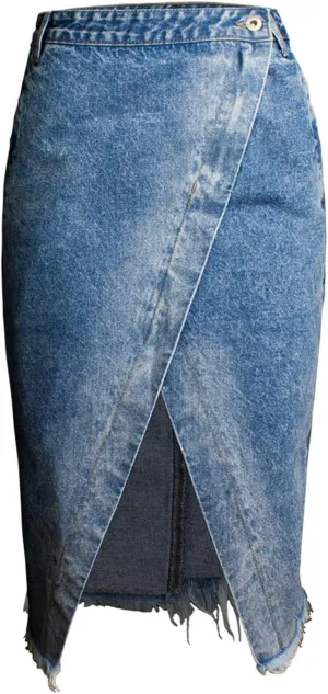 Women's Bodycon Denim Skirts Front Split Frayed Washed Midi Pencil Skirts Irregular Hem Ripped Hole Jeans Skirts