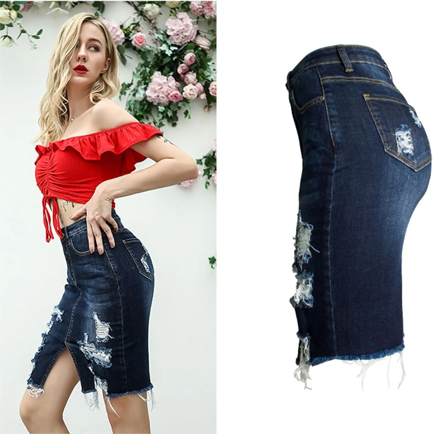 Women's Bodycon Denim Skirts Front Split Frayed Washed Midi Pencil Skirts Irregular Hem Ripped Hole Jeans Skirts