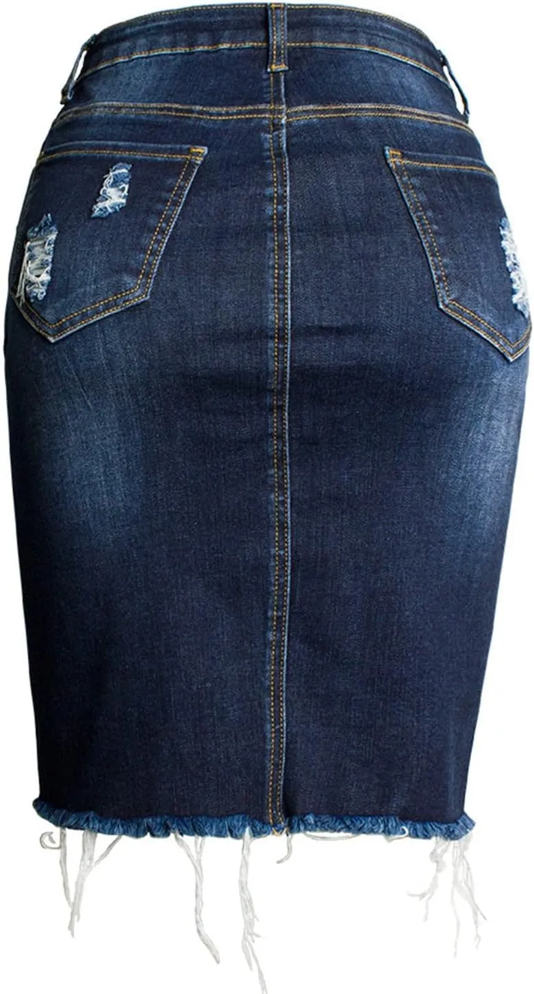 Women's Bodycon Denim Skirts Front Split Frayed Washed Midi Pencil Skirts Irregular Hem Ripped Hole Jeans Skirts