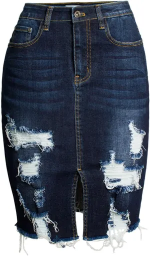 Women's Bodycon Denim Skirts Front Split Frayed Washed Midi Pencil Skirts Irregular Hem Ripped Hole Jeans Skirts