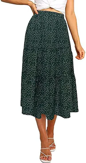 Women's Bohemia Elastic Waist Midi Skirts Polka Dot Leopard Print A Line Long Pleated Casual Beach Skirt
