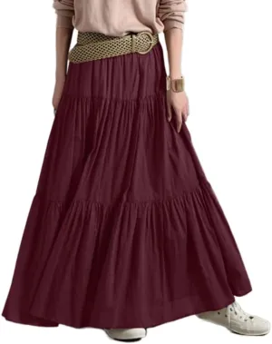 Women's Bohemian Cotton Linen Maxi Skirt Summer Flowy Casual Elastic Waist Tiered Beach Vacation Long Skirt