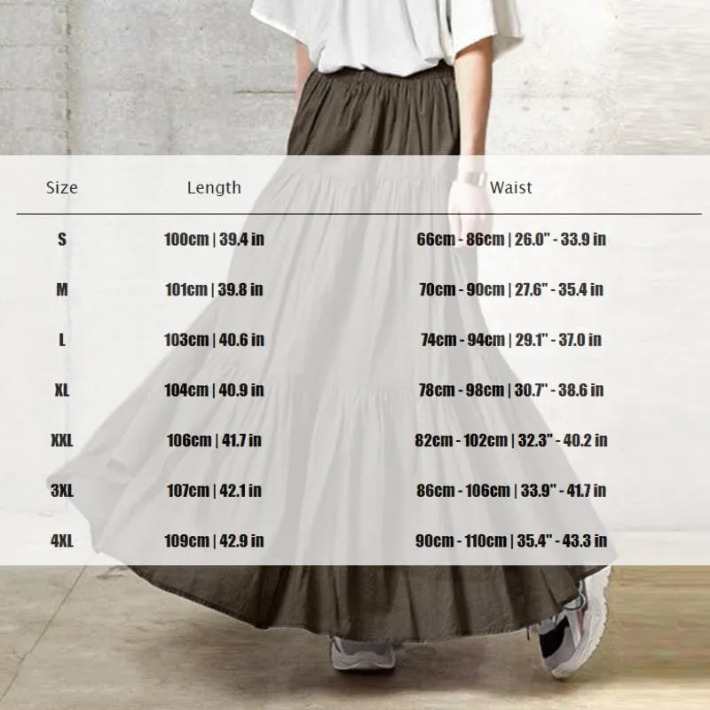 Women's Bohemian Cotton Linen Maxi Skirt Summer Flowy Casual Elastic Waist Tiered Beach Vacation Long Skirt