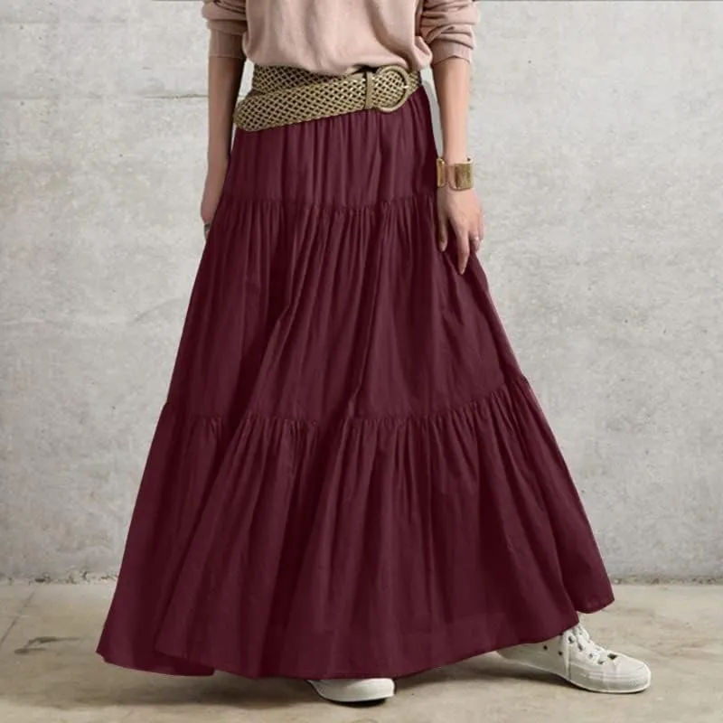Women's Bohemian Cotton Linen Maxi Skirt Summer Flowy Casual Elastic Waist Tiered Beach Vacation Long Skirt